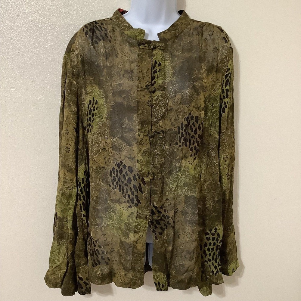 Vintage Fairy Grunge Boho Fairycore Green Animal Print Ruffle‎ Peasant Blouse XL
